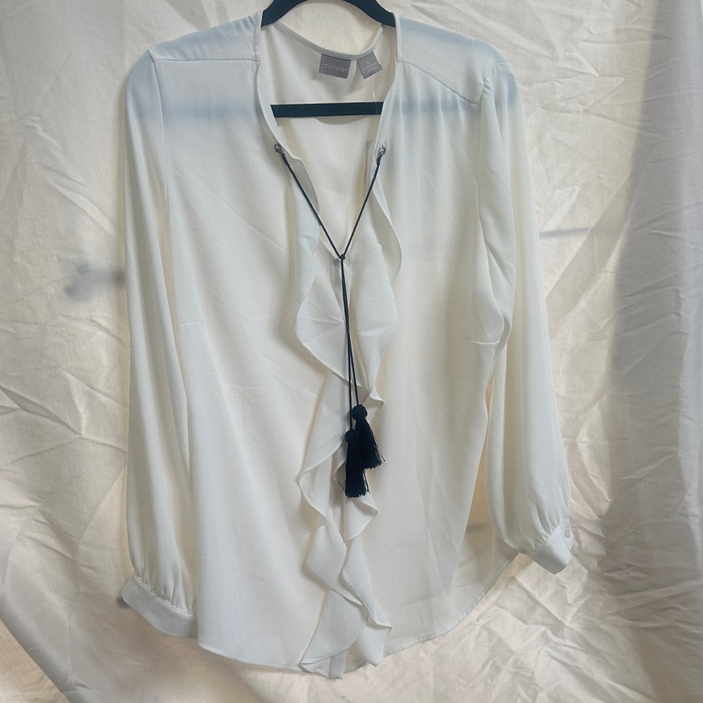Chico's White Blouse with Black Tassel